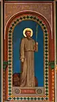 Saint Aventin est représenté tenant une palme en signe de sainteté, avec à ses pieds l'ours apaisé rendu furieux par une épine plantée dans sa pate.