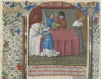 Tristan de Léonois, XVe siècle, BnF, manuscrit Français 116, enluminure du folio 676 verso.