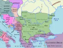 Le sud-est de l'Europe au IXe&nbsp;siècle y compris la principauté de Blatnograd et la Bulgarie au-delà du Danube.