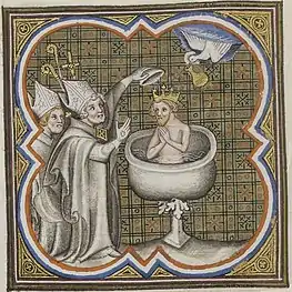 Le baptême de Clovis représenté dans une enluminure des Grandes Chroniques de France de Charles&nbsp;V, vers 1370-1379.