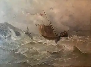 Bateau de pêche se présentant devant un port par grosse mer