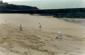 Photographie de trois hommes en combinaison blanche sur une plage.