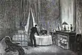 Dessin monochrome représentant Baudry d'Asson attablé dans une salle sombre tandis qu'un fonctionnaire de la Chambre lui sert à manger.