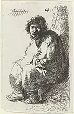 Mendiant, assis contre une colline, gravure de Thomas Worlidge (XVIIIe&nbsp;siècle, Rijksmuseum Amsterdam), d'après l'estampe Autoportrait en mendiant de 1630 (B. 174).