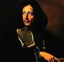 Peinture. Portrait d'un homme en habit noir devant un fond neutre.