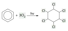 Bilan de la chloration du benzène ; réactifs : benzène et 3 dichlore ; produit : 1,2,3,4,5,6-hexachlorocyclohexane