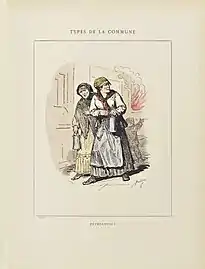 Dessin représentant deux femmes portant des bidons de lait et laissant un feu derrière elles.