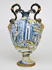 Amphore avec une représentation tirée de l’Ancien Testament : Samuel qui transperce Agag, Faenza, atelier de Leonardo Bettisi, dernier quart du XVIe&nbsp;siècle.