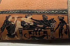 Épinétron peint corinthien représentant une scène de symposion. VIe&nbsp;siècle&nbsp;av. J.-C., musée archéologique de l'ancienne Corinthe.