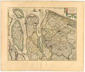 Plan d'une partie du delta en 1645 : Rotterdam se trouve au fond de l'estuaire le plus au nord (ici, à droite) du delta.