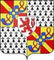 Orange-Chalon tardif (1502-1530) : écartelé, 1 et 4 contre-écartelé de Chalon et d'Orange, sur le tout de Genève, 2 et 3 de Bretagne, sur le tout de l'écartelé de Luxembourg.