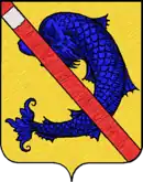 D'or au dauphin pâmé d'azur, au bâton de gueules chargé d'un écusson en chef (Blason des seigneurs de Jaligny)