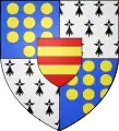 Armes de René de Rieux, Seigneur de Sourdéac : Ecartelé : aux I et IV d'azur, à dix besants d'or, ordonnés 3, 3, 3 et 1 (Rieux), aux II et III d'hermines plain (Bretagne), sur le tout de gueules à deux fasces d'or (Harcourt).