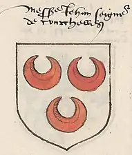 « Messire Jehan, seigneur de Courchelles » Armorial de la cour amoureuse du roi Charles VI par Jacques Le Boucq (XVIe&nbsp;siècle)