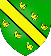 Dessin en couleurs d'un blason sur fond vert, barré d'une bande jaune diagonale et orné de 6 silhouettes d'oiseaux.