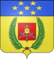 Blason de Foch : D'or à deux palmes posées en sautoir de sinople, nouées en pointe de gueules, accompagnées en cœur d'un écusson de gueules chargé de trois épées hautes d'argent, montées d'or, posées deux en sautoir, une en pal et chargées d'un globe, cerclé et croiseté d'or ; au chef d'azur chargé de sept étoiles d'or ordonnées 2, 3 et 2.