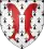 Blason avec 2 poissons rouges adossés debout sur fond blanc parsemé de queues d'hermine noires