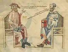 Dessin de deux hommes assis face à face, l'un vêtu de rouge tient un livre bleu, l'autre vêtu de bleu tient un livre rouge ; deux lignes de texte semblent sortir de la bouche de chacun d'eux.