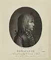 Gravure montrant un visage de jeune homme aux cheveux longs de profil vers la droite