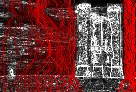 Chemins de l'image avec leur énergie ; en rouge, les chemins de faible énergie