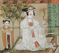 Donatrice bouddhiste et servante. Bannière datée 934, Tang. Détail, couleurs sur soie.H. 30&nbsp;cm env. Musée Guimet
