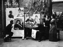 Ilia Répine lisant dans son atelier l'annonce de la mort de Tolstoï, en présence de sa femme et de Tchoukovski.