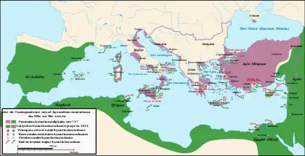 Carte montrant l'antagonisme navale romano-musulman du VIIe au XIe&nbsp;siècle