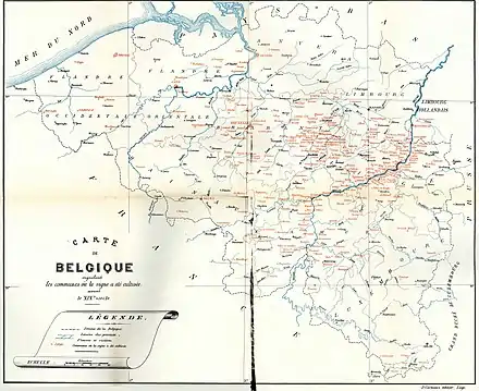 Carte des communes belges où la vigne a été cultivée avant le XIXe&nbsp;siècle