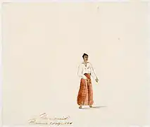 Dessin de 1836 représentant une esclave. Au XVIIIe&nbsp;siècle, quelque 60 % de la population de Batavia étaient des esclaves, essentiellement originaires d'autres pays d'Asie.
