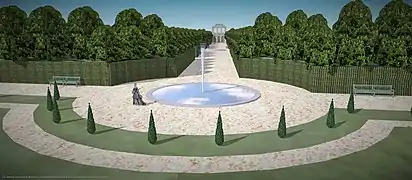 Vue cavalière des jardins de Montafilan, avec le cabinet de pierre.