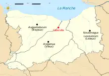 Localisation de la commune de Giberville sur la carte du Calvados, avec en filigrane les délimitations de circonscriptions administratives romaines