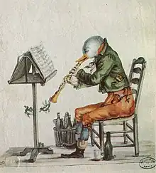 Dessin en couleur d'un canard anthropomorphe, assis sur une chaise et jouant d'un instrument. De l'embouchure de celui-ci sortent de minuscules canards, figurant des fausses notes.