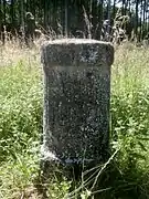 Photographie en couleurs d'une borne cylindrique en pierre portant la mention CIV. TURON.