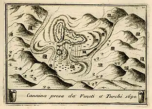Plan de sol du château, montrant les positions de l'armée vénitienne pendant le siège de 1690 et lorsque les Vénitiens ont pris la forteresse aux Ottomans.