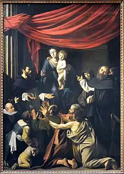 Peinture. Une foule s'agenouille aux pieds d'une mère tenant son enfant dans les bras.