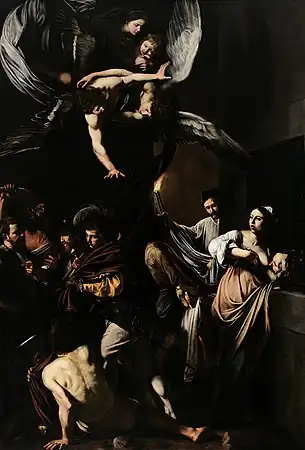 Peinture dans laquelle des anges, en haut, semblent bénir sept actions charitables simultanées réalisées sous leurs ailes par des êtres humains.