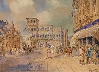 Vue de Trèves avec la Porta Nigra, gouache de Carl Rüdell&nbsp;(de) (1855–1939)