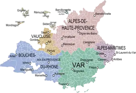 La province de Provence dans ses limites du XVIIIe&nbsp;siècle avec un fond cartographique des communes et des départements actuels.