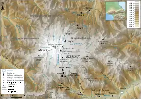Carte topographique et animations en trois dimensions représentant l'Elbrouz.