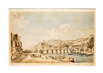 Château de Pierre Scize,aquarelle par Victor-Jean Nicolle (fin XVIIIe s.), d'après une lithographie de Jean-Baptiste Lallemand (milieu XVIIIe s.) : « Le quai d’Alincourt à l’entrée du défilé de Pierre-Scize »