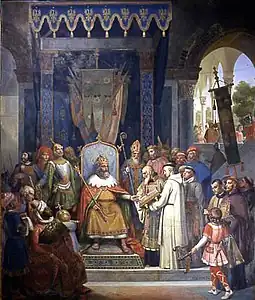 Charlemagne, entouré de ses principaux officiers, reçoit Alcuin qui lui présente des manuscrits, ouvrages de ses moines par Victor Schnetz (XIXe&nbsp;siècle).
