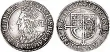 L'avers de la pièce montre Charles Ier de profil avec une couronne et le revers porte les armoiries britanniques