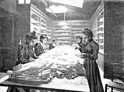 Photo (1901).Vérification et tri du linge à la première blanchisserie.