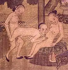 Rouleau de papier chinois aquarellé (fin XIXe&nbsp;siècle) montrant un jeune homme pratiquant la sexualité orale sur un autre garçon.