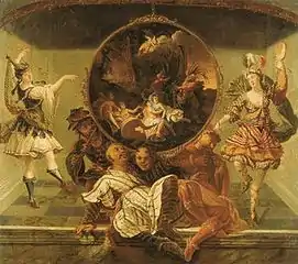 Figures de chinoiserie encadrant une scène avec un satyre menaçant Diane et ses nymphes, collection privée.