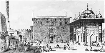 La fontaine et la Porte Impériale (avant son incendie), eau-forte de Choiseul-Gouffier (fin du XVIIIe&nbsp;siècle). À gauche, un angle de Sainte-Sophie.