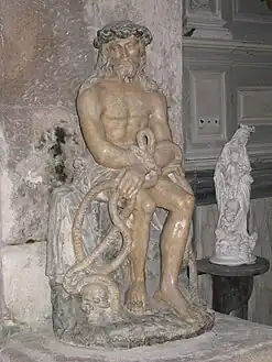 Saint-Seine-sur-Vingeanne ( Côte-d'Or), église Saint-Seine, Christ de pitié en pierre calcaire peinte.