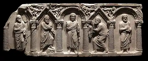 Devant de sarcophage. Art paléochrétien : le Christ et les Apôtres. Genzano, Ve siècle