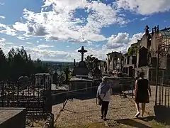 Allée centrale du cimetière vue de profil.