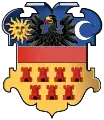 Armoiries de la Principauté de Transylvanie à partir de 1597. La «&nbsp;divise de gueules&nbsp;» (bande rouge) est ajoutée sous Abaffi Ier.